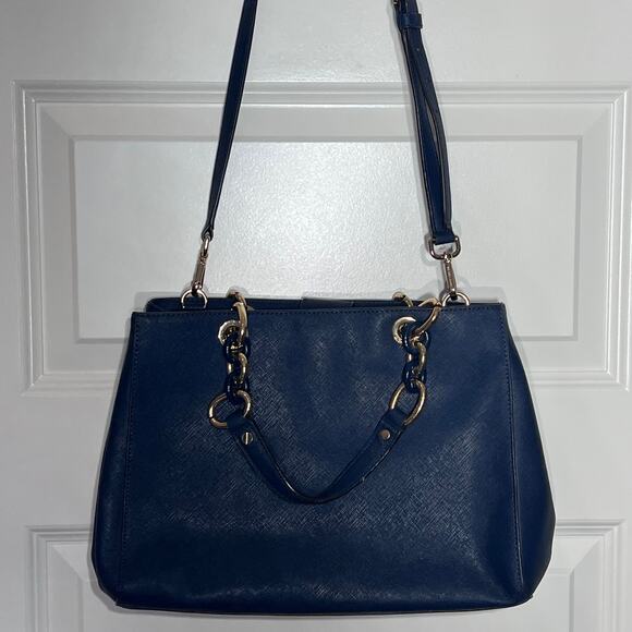 Michael Kors Navy Blue Saffiano Leather Cynthia Tote with Gold Hardware - Picture 1 of 16
